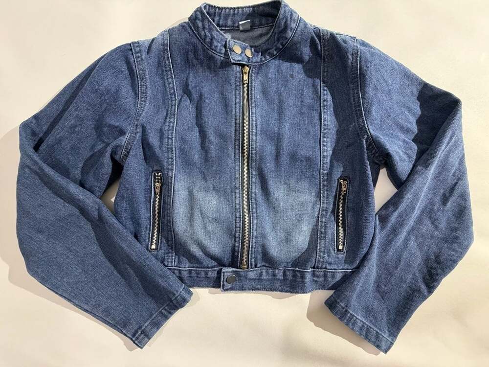 Denim Moto Jacket Womens M Blue Jean Zip Up Biker Faded Wash Stretch